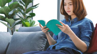 Oturma odasında kitap okuyan Asyalı kadın kitap okuyacak. Genç kadın gevşeme okuyucusu açık kitap boş zihin okuyor. Mutluluk, güzel kadın, gülen surat, mutlu zaman.