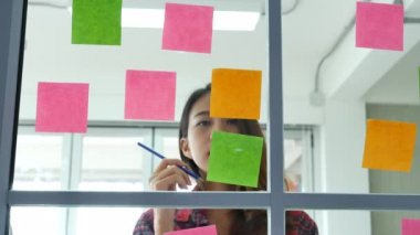Yaratıcı tasarımcı kadın, düşüncelerini paylaşmak için yapışkan notlar kullanır. Konuşan kadın yapışkan notlar kullanır, fikirleri sunar. Ofis ortağı iş ortağı toplantısıyla beyin fırtınası yapan, fikirleri paylaşan.