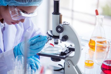 Kapalı alan kadın bilim adamı laboratuvarda düşürücü kullanıyor. Bilimsel mikroskop tıbbi testi, biyoloji kimyası araştırması. Kadın teknisyen laboratuarı kan bilimsel ilaç araştırmalarını inceliyor..