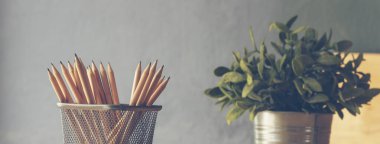 Pankart saksısı, kalem keskinliği, ofis dekorasyonu, ahşap masa. Yeşil dekore edilmiş ofis masası. Ahşap ofis masasındaki yeşil saksı vazosu kalem kutusu ofisini fotokopi alanı ile dekore et.