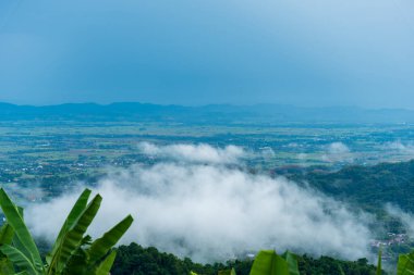Güzel dağ manzarası sisli rüzgarlı dağ sıraları yeşil Asya arazisi. Yeşil çayır arazisi. Gün doğumunda mavi bulutlu gökyüzü. Kırsal kesimde güneş ışığı cenneti manzarası