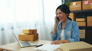 Çevrimiçi satıcı girişimci genç Asyalı kadın telefonla arıyor, internetten siparişleri kontrol ediyor. Kadının biri çek deposunu arıyor, teslimat paketlerini getiriyor. Asyalı kadın ev ofisinde küçük bir iş kurdu