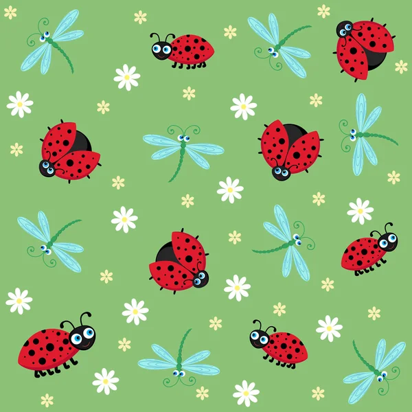 Vector pattern of flowers, ladybird and dragonfly — Stock Vector