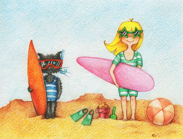 Kız ve sörf tahtaları ile kedi