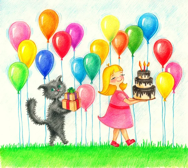 Meisje en kat gaan de verjaardag — Stockfoto