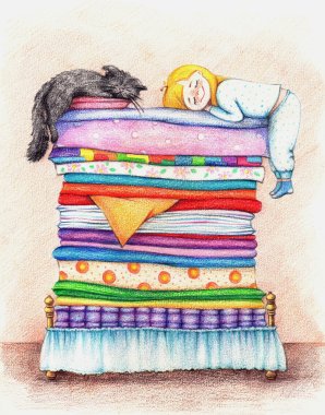 A girl  and cat sleeping in a bed. clipart