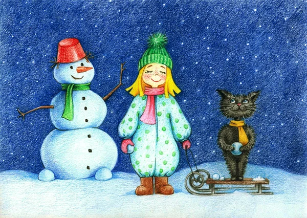 Bild von Mädchen Katze und Schneemann — Stockfoto