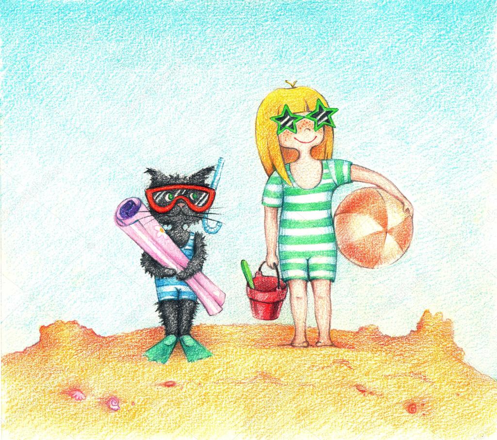 A girl a and cat are on the beach