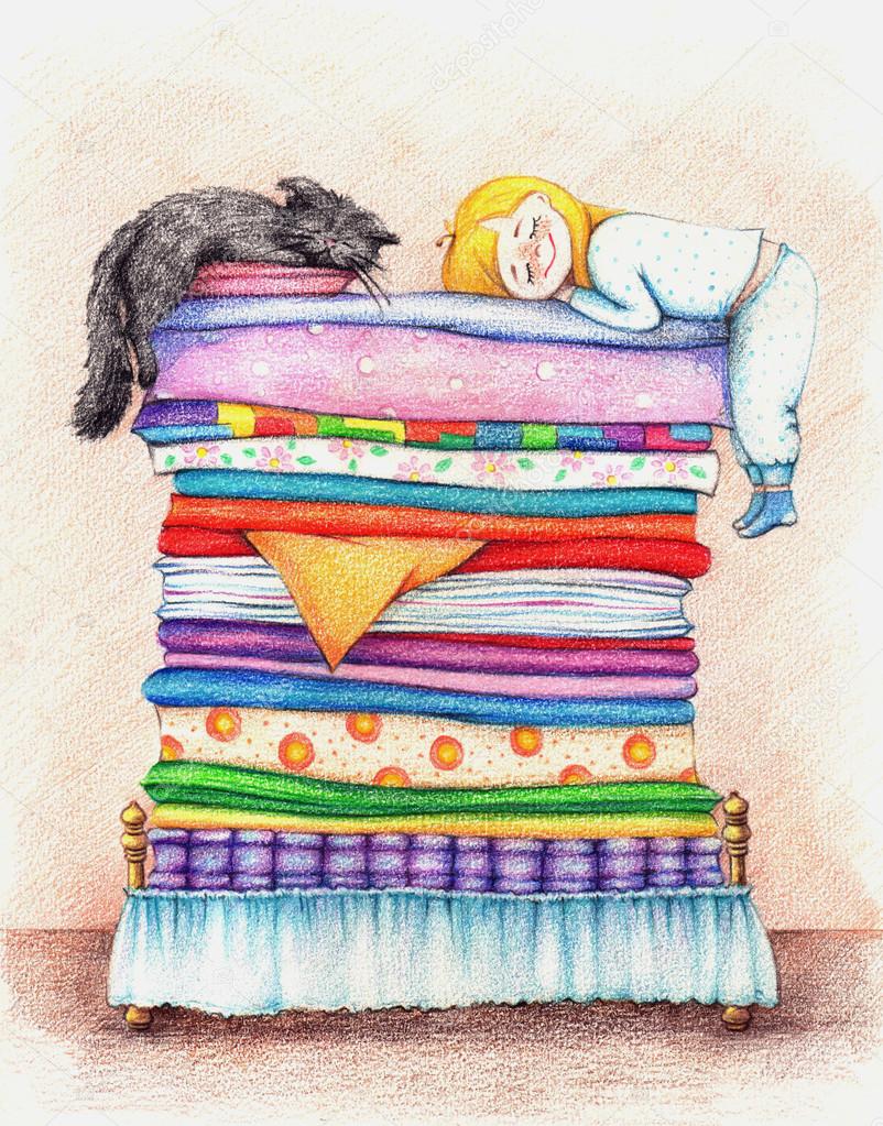 A girl  and cat sleeping in a bed.