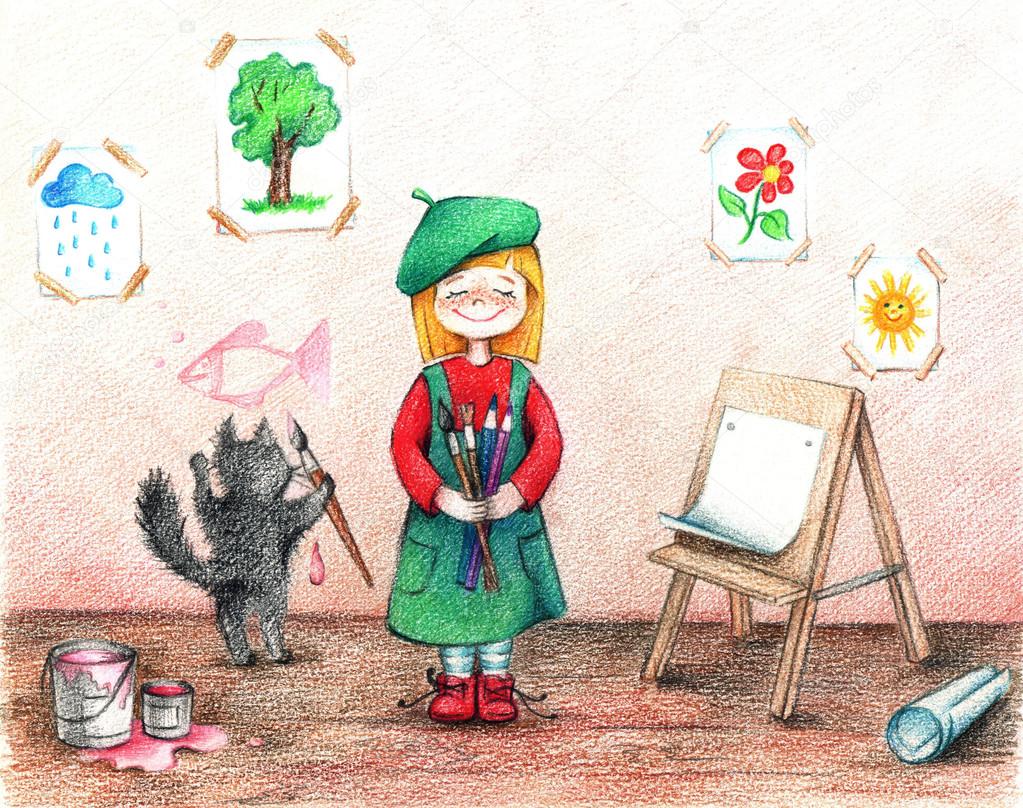 A girl-artist and cat in a workshop