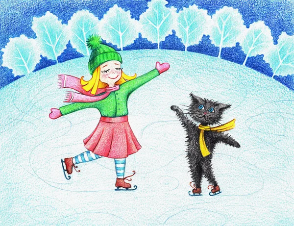 Dziewczyna i kot na łyżwach — Zdjęcie stockowe