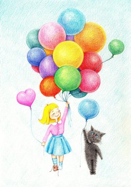 kız ve balon üzerinde uçan kedi