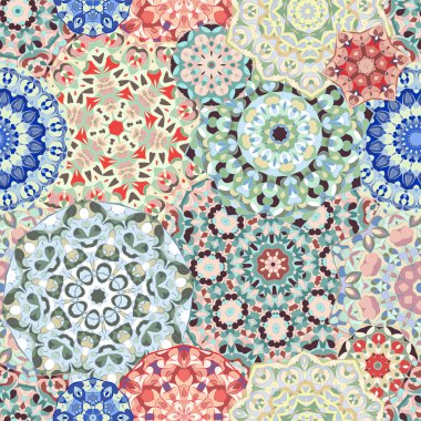 Doğu tarzında renkli mandalalarla kusursuz parlak desen.