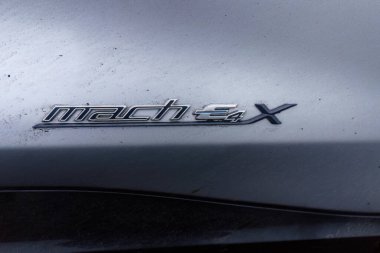 Vaasa, Finlandiya - 24 Ekim 2025 - Ford Mustang Mach-E 2021 logosu arkasında