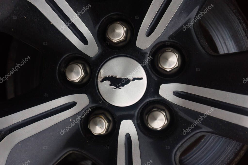 Vaasa, Finland - October 24, 2025 - Ford Mustang Mach-E 2021 Logo on the Wheel