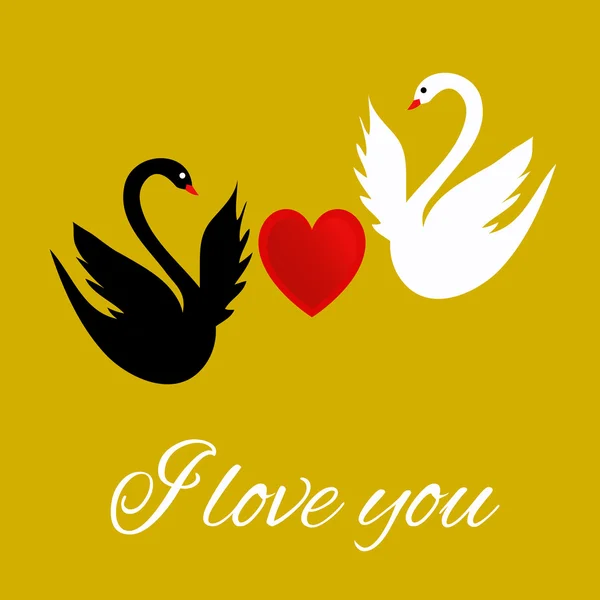 Eu te amo cartão de saudação com um coração e cisnes —  Vetores de Stock