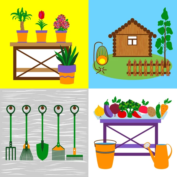 Cuatro conceptos de jardín plano — Vector de stock