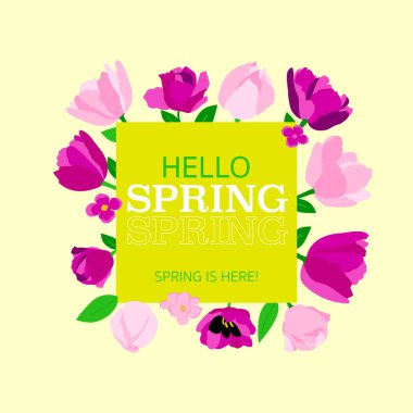 Merhaba Bahar Pembe Çiçekleri Pankartı. Kağıtlı Yeşil Bahçe Çiçek Kavramının Vektör İllüstrasyonu. Doğa tebrik kartı..