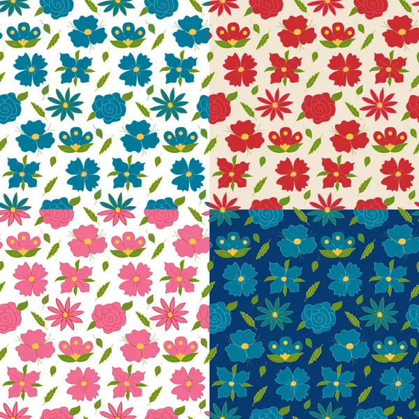 Fyra färgglada blommor seamless mönster — Stock vektor