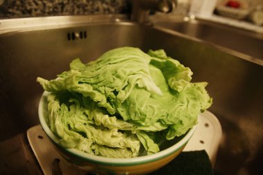 Yeşil lahana salata için hazırlanıyor. Dikey resim.