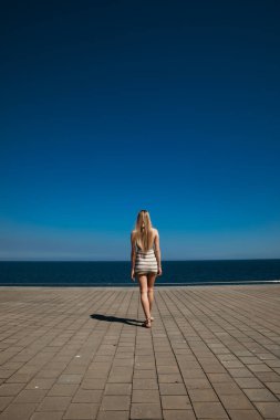 Güneşli bir günde yürüyen uzun saçlı genç bir kadının sırtından dikey çekim.. 