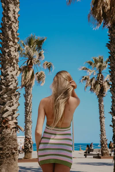 Imagen vertical de la espalda de una chica de pelo largo caminando por la playa en un día soleado. — Foto de Stock