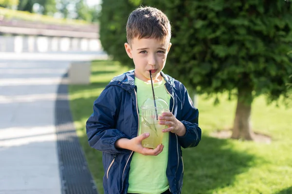 Хлопчик Років Лимонад Пластикового Скла Парку Дивиться Камеру — стокове фото