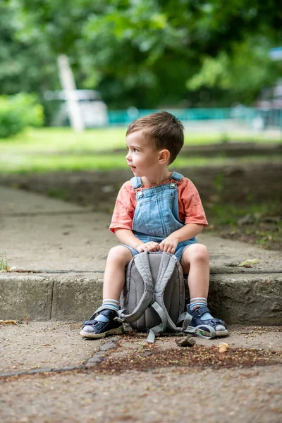 Ragazzino Carino Guarda Telecamera Tiene Mano Una Borsa Vestita Con — Foto Stock