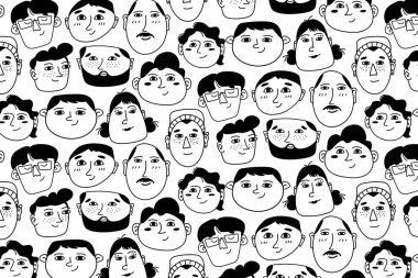 Modern siyah ve beyaz karalama, duvar kâğıdı, ambalaj ve tekstil tasarımı için farklı insanlarla desensiz çizimler yapar.