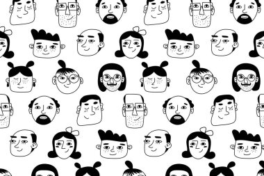 Siyah beyaz karalamalı el çizimi desenler modern insanların geçmişleri ve ambalaj kağıtları için resimlerini çiziyor.