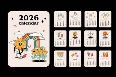 Neşeli güneş, gökkuşağı ve klasik tarzda karakterleri olan harika bir 2026 takvimi.