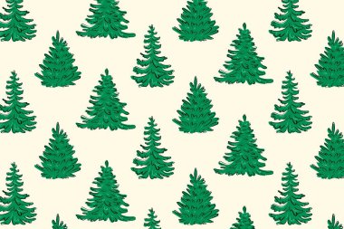 Basitleştirilmiş yemyeşil ağaçlardan oluşan yoğun, dikişsiz orman. Hediye paketi, kumaş, ambalaj, basılabilir el sanatları, tatil kartları, markalaşma ve mevsimlik ürünler için ideal.
