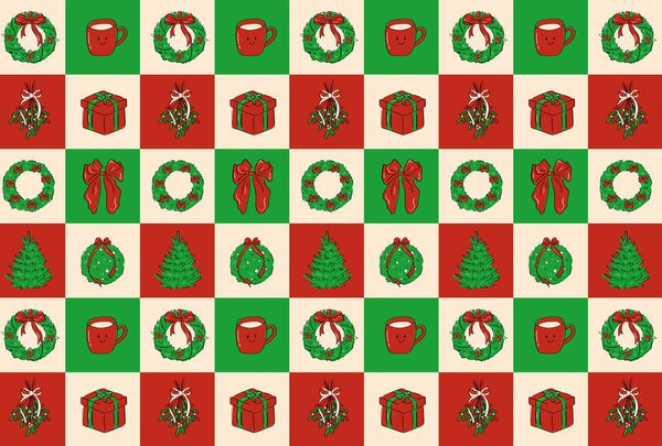 Бесшовный праздничный узор в стиле каракулей Рождественские венки, подарки, луки и деревья в винтажной красной и зеленой палитре. Идеально подходит для упаковки бумаги, упаковки и праздничных проектов.