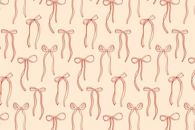 Elle çizilmiş kırmızı fiyonklu pürüzsüz yay deseni. Noel ambalaj kağıdı, tekstil, tatil kartları, ambalaj ve rahat kış tasarımları için mükemmel..