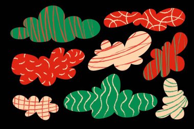 Renkli Y2K organik bulut şekilleri, yapıştırma kitabı, çıkartma ve yaratıcı tasarım projeleri için karalama dokusu içeren el yapımı retro kolaj damlaları