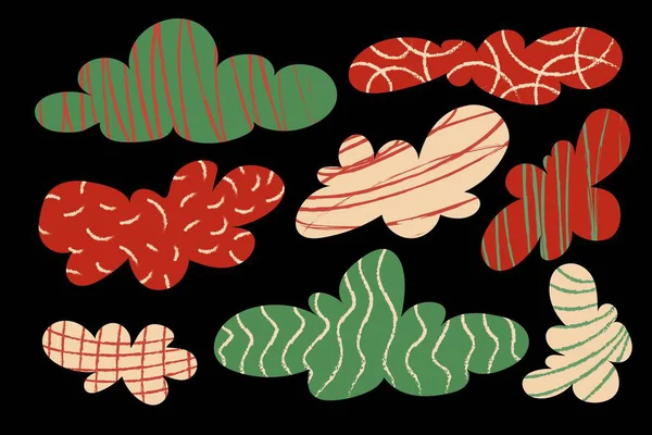 Renkli Y2K organik bulut şekilleri, yapıştırma kitabı, çıkartma ve yaratıcı tasarım projeleri için karalama dokusu içeren el yapımı retro kolaj damlaları