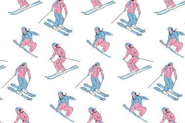 Kayakçılar ve snowboardcular düz çizgi film tarzında dizüstü bilgisayarlar, kırtasiyeler, ambalajlar ve kış işçilikleri. Kayak merkezi. Kış sporları.