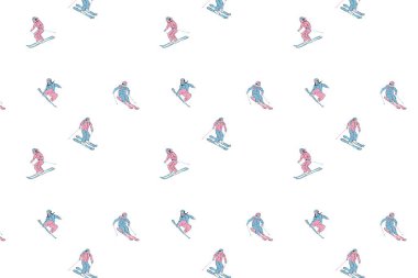 Paketleme, tebrik kartları, hediye paketi ve hafif kış temalı yazdırma ürünleri için küçük dağınık kayakçı deseni