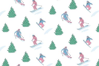 Çam ağaçlarının arka planında kayakçılar duvar kağıdı, hediye paketi, tatil tekstili ve kış dekorasyonu için uygundur.