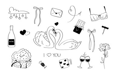 Romantik aşk karalama elementleri beyaz arka planda kuğular, şarap, şeker ve kalplerle kurulur. Sevgililer Günü kartları, düğün kırtasiyesi ve sosyal medya tasarımları için elle çizilmiş Clipart paketi