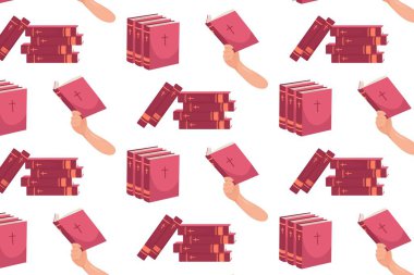 İncil kitapları ve kutsal kitabı tutan ellerle tekrarlanan şablon. Paskalya kırtasiyesi, ambalaj kağıdı ve kilise markası için dini yüzey tasarımı.