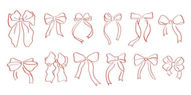 Temiz çizgi sanat tarzında zarif kurdele yayı varyasyonları. Moda tasarımı, davetiyeler, ambalajlama ve kadınsı markalaşma için dekoratif el yayı