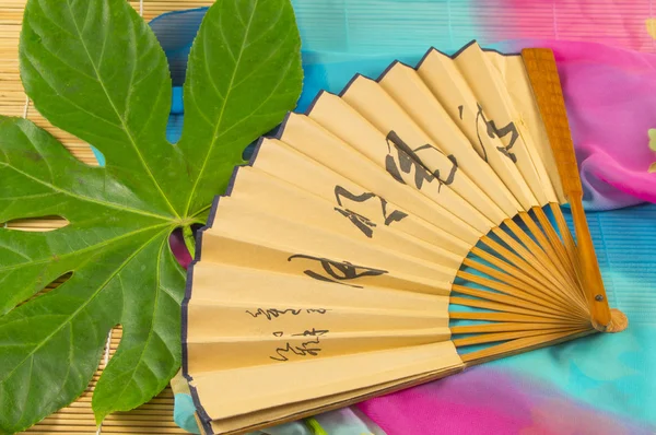 The fan with the characters lying on a green leaf