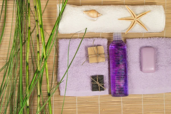 Spa and Wellness setting with natural soap, stones towel Bamboo — Stock Photo, Image