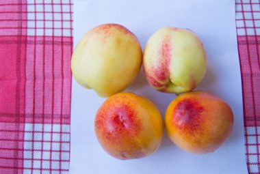 Taze Şeftali nektarin kırmızı kareli peçete, kağıt üzerinde