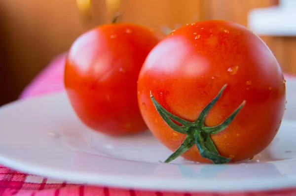 Primo piano di pomodori freschi maturi su piatto bianco, messa a fuoco selettiva — Foto Stock