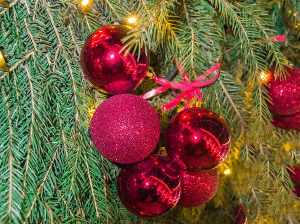 Linda Navidad Brillantes Globos Rojos Dorados Fondo Ramas Abeto Auténtico — Foto de Stock