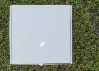 Üzerinde yeşil çimenlerin, pizza teslimatının ve reklam konseptinin olduğu beyaz bir pizza kutusu. Tepeden manzara, yazın açılıyor.