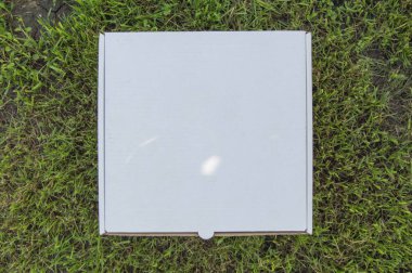 Üzerinde yeşil çimenlerin, pizza teslimatının ve reklam konseptinin olduğu beyaz bir pizza kutusu. Tepeden manzara, yazın açılıyor..