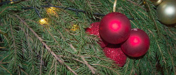 Traditionelle Rot Glänzende Weihnachtsdekoration Glaskugeln Auf Einem Echten Weihnachtsbaumzweig Neujahrshintergrund — Stockfoto